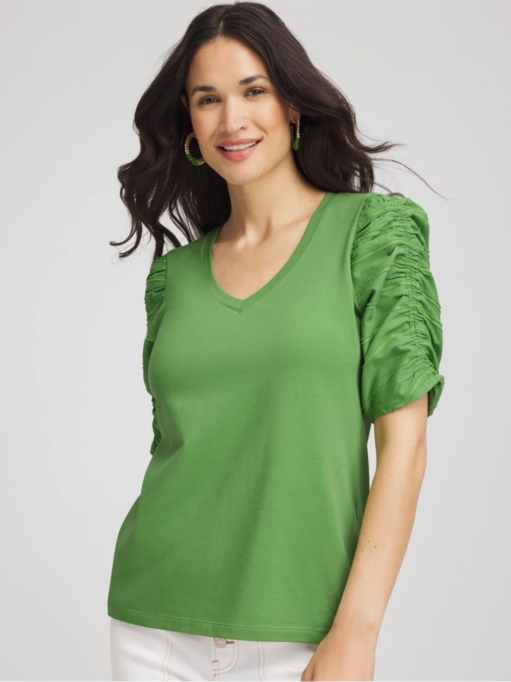 CHICO’S NWT 2 Ruched Sleeve V-Neck Tee in Salted Lime Green Mixed Media Casual L